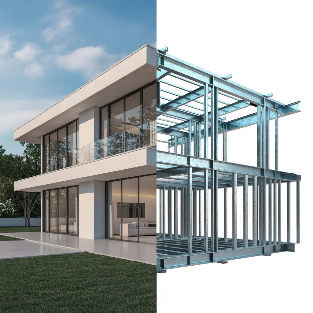 Steel frame cutaway showing structural skeleton beside finished home