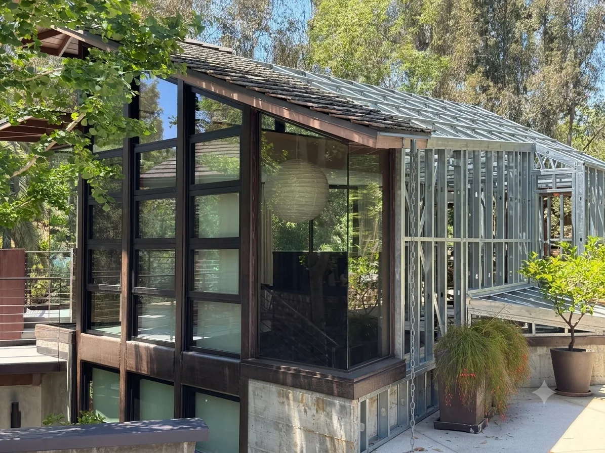 Steel structural frame alongside finished home